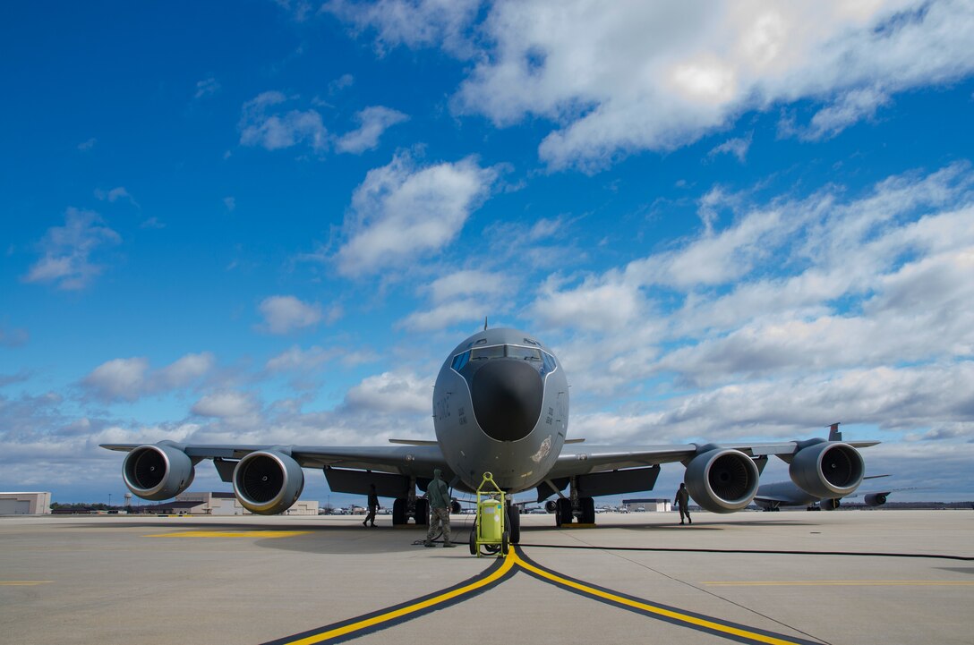 A 108th Wing KC-135R Stratotanker sits on the flight line at Joint Base McGuire-Dix-Lakehurst, N.J.. March 4, 2018. (U.S. Air National Guard photo by Staff Sgt. Ross A. Whitley)