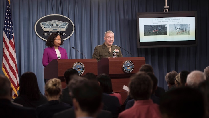 Chief Pentagon spokesperson Dana W. White briefs reporters at the Pentagon concerning U.S. and allied strikes on Syrian targets in response to the Bashar Assad regime's use of chemical weapons, April 14, 2018.