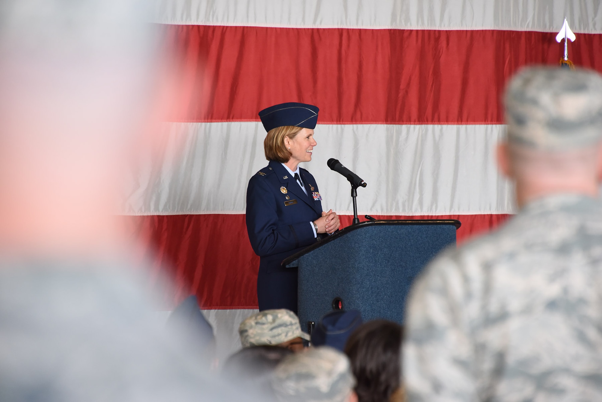 Col. Regina “Torch” Sabric, 419th Fighter Wing commander, speaks to a crowd of Citizen Airmen, base leaders, and community leaders during a change of command ceremony April 14, 2018, at Hill Air Force Base, Utah.