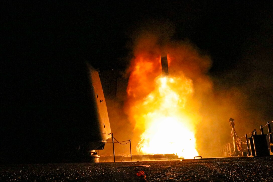 USS Monterey fires Tomahawk land attack missile in U.S. Fifth Fleet area of operations, April 2018 (U.S. Navy/Matthew Daniels)