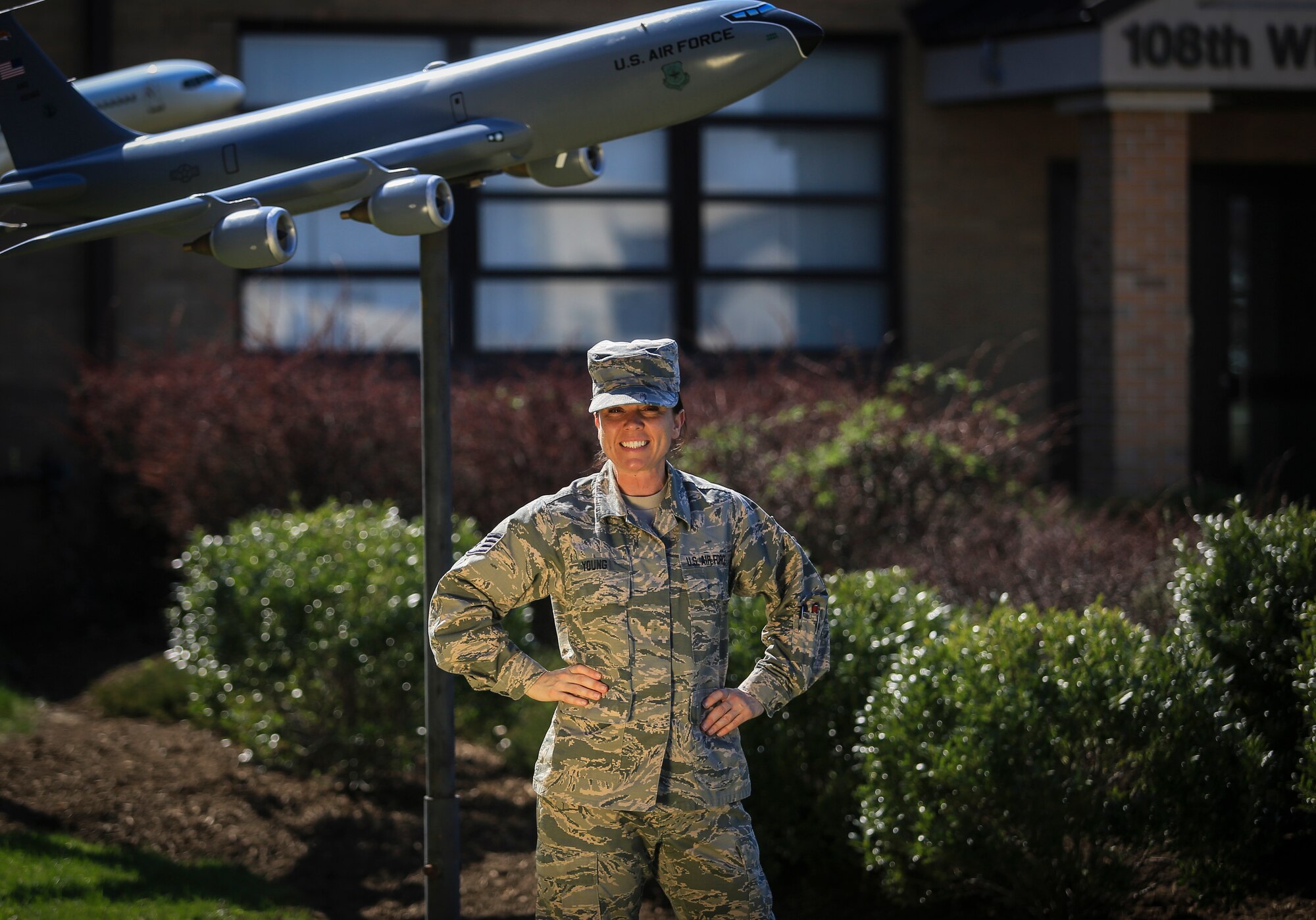 New Jersey Air National Guard Staff Sgt. Annamae Young stands for a portrait on Joint Base McGuire-Dix-Lakehurst, N.J., April 14, 2018. Young, a recruiter with the 108th Wing, recently joined the Century Club after recruiting her 100th Airman.