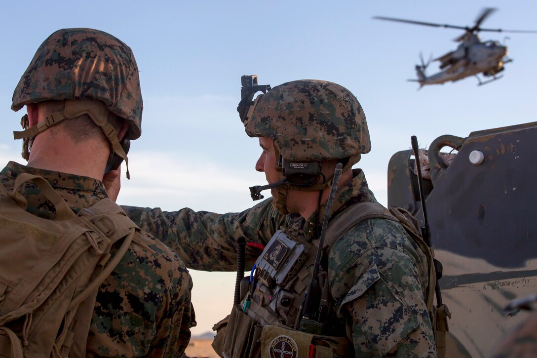 Marines coordinate an aerial attack on mock enemy positions.