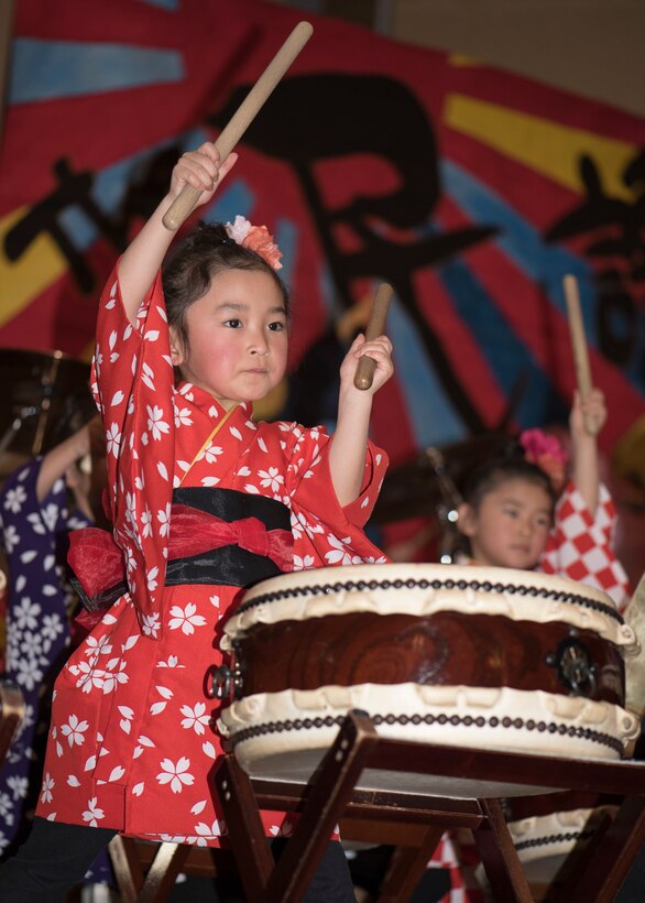 A Makibano kid drummer performs during the 31st Annual Japan Day at Misawa Air Base, Japan, April 14, 2018. The event featured many performers including Okamisawa sacred dancers, Nanbu local Shamisen music and Towada Suijin Thunder Drum musicians. Showcasing Japanese music was one of the many events performed at Japan Day which highlighted the cultures techniques and traditions. (U.S. Air Force photo by Airman 1st Class Collette Brooks)