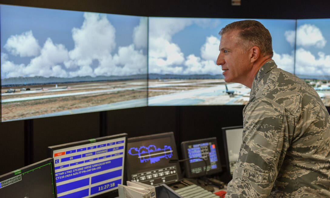 Col. David Eaglin, 39 ABW commander operates flight simulator