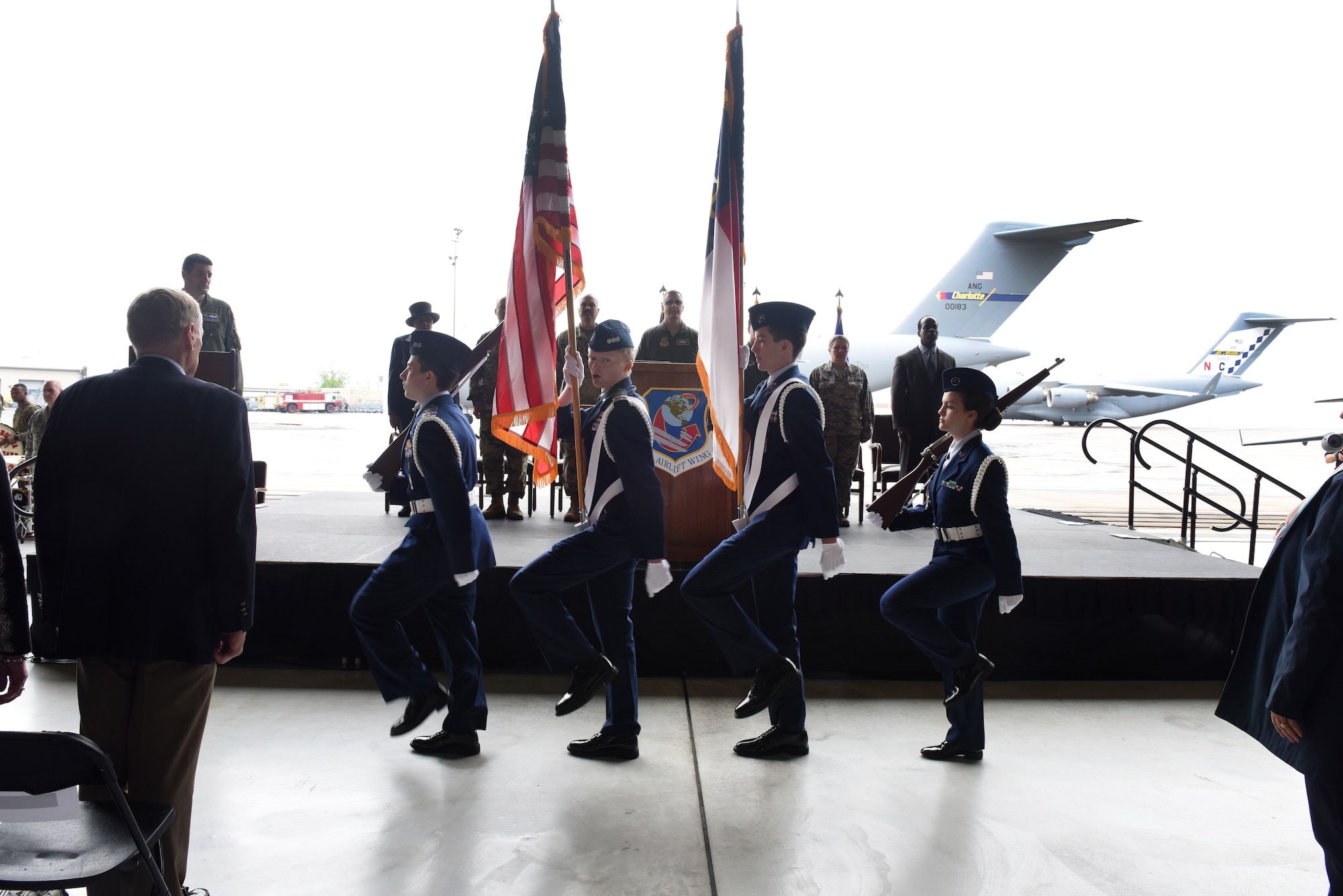 Members of the Charlotte Civil Air Patrol honor guard present the colors during the C-17 Acceptance Ceremony held at the North Carolina Air National Guard Base, Charlotte Douglas International Airport, April 7, 2018. The 145th Airlift Wing was selected to transition from the C-130 Hercules aircraft to the C-17 Globemaster III aircraft 18 months ago, and the airframe will carry the units mission into the future. The first two aircraft of eight to come to the 145th Airlift Wing were previously assigned to active duty wings; Joint Base Charleston, S.C. and Joint Base Lewis-McChord, Wash.