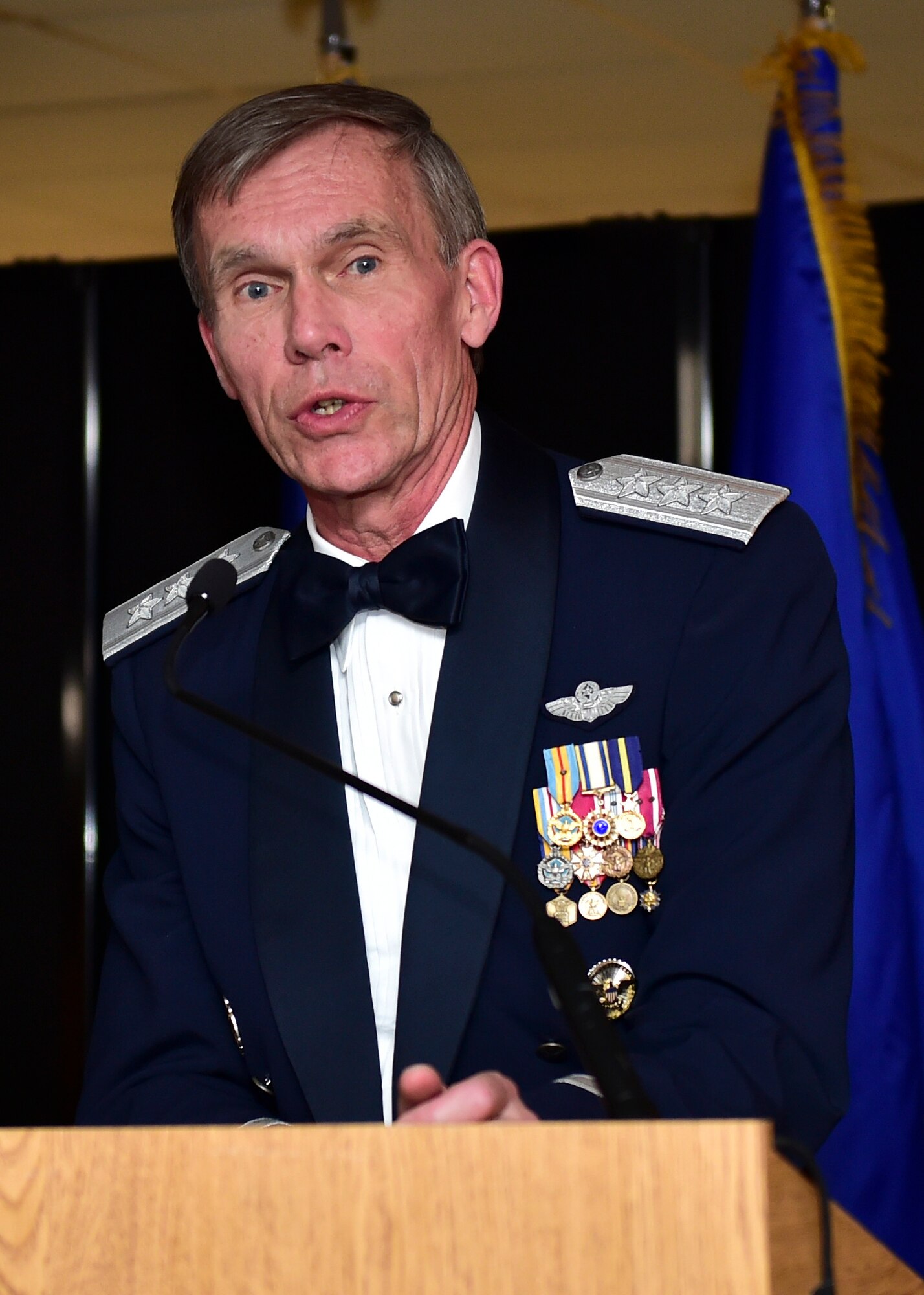 Lt. Gen. (retired) John L. Hudson, director of the National Museum of the Air Force at Wright-Patterson Air Force Base, Ohio, gives remarks during the 910th Airlift Wing Annual Awards Banquet here, April 7.