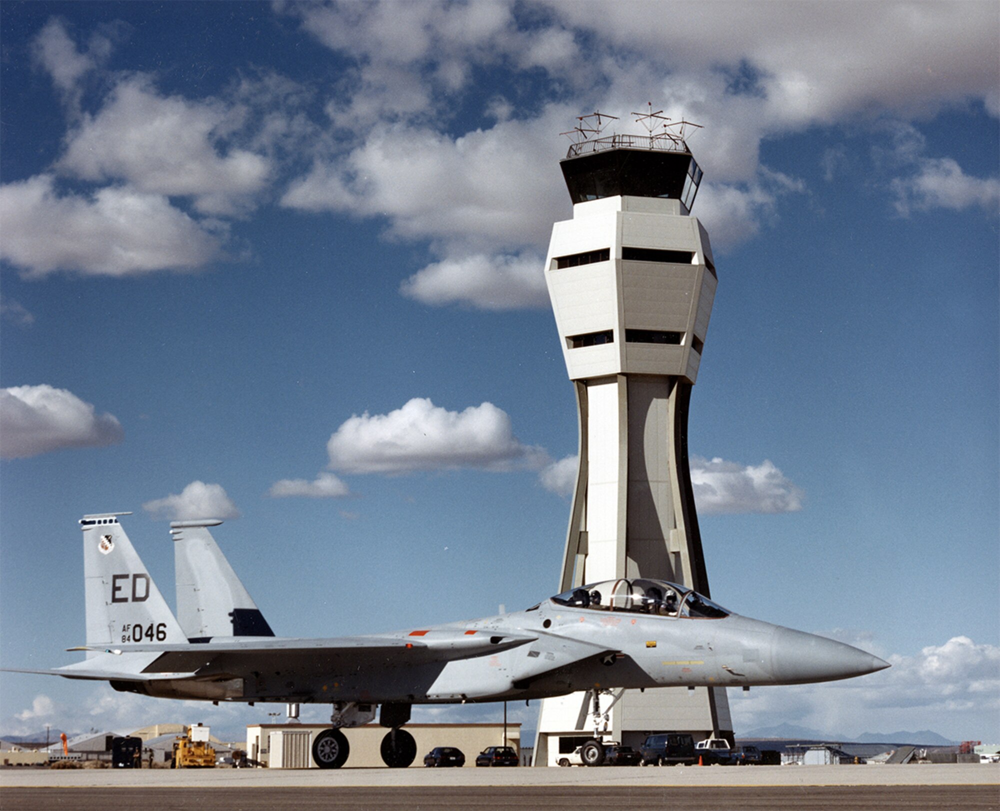 #OTD 20 Apr 1987 at Edwards - The new control tower was officially opened with the takeoff in an F-15.  The new facility, stressed to withstand an 8.0 earthquake as well as 120+ mph winds, replaced the ten-story red and white structure that had been a landmark since 1956.  Today, the cab of the old tower is at the Century Circle exhibit outside the West Gate entry point.