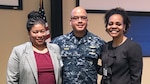 Navy Capt. David Rhone, DCMA Lockheed Martin Moorestown’s commander, thanked Melissa Burgess and Crystal Craddock from DCMA headquarters’ Human Capital directorate, for presenting information to the workforce during the training day held on April 4 in New Jersey. (DCMA photo by Kareem Soto)