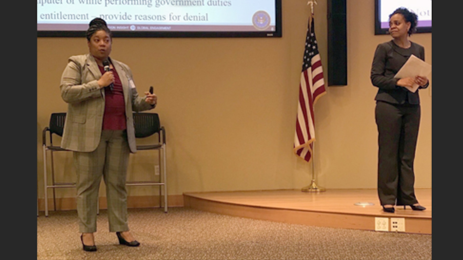 Melissa Burgess and Crystal Craddock from DCMA headquarters’ Human Capital directorate, presented information during a recent training event at DCMA Lockheed Martin Moorestown in New Jersey based on topics of interest from a recent command climate survey. (DCMA photo by Kareem Soto)