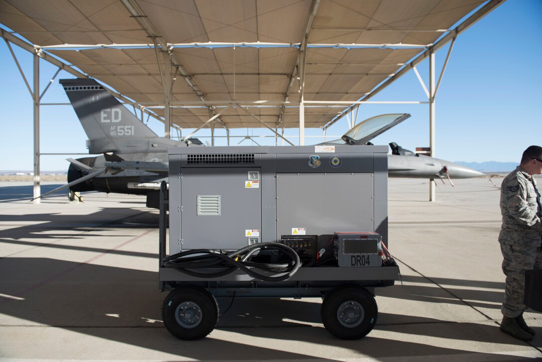 Several members from throughout Air Force Materiel Command (HQ AFMC/A4, Air Force Life Cycle Management Center, Air Force Research Lab, and contractors) descended on Edwards AFB to test out a new hybrid flightline generator the last week of March. They teamed up with members of the 412th Logistics Test Squadron to test their Hybrid Flightline Generator Technology Pathfinder on an F-16 fighter, KC-135 tanker and C-17 cargo plane.