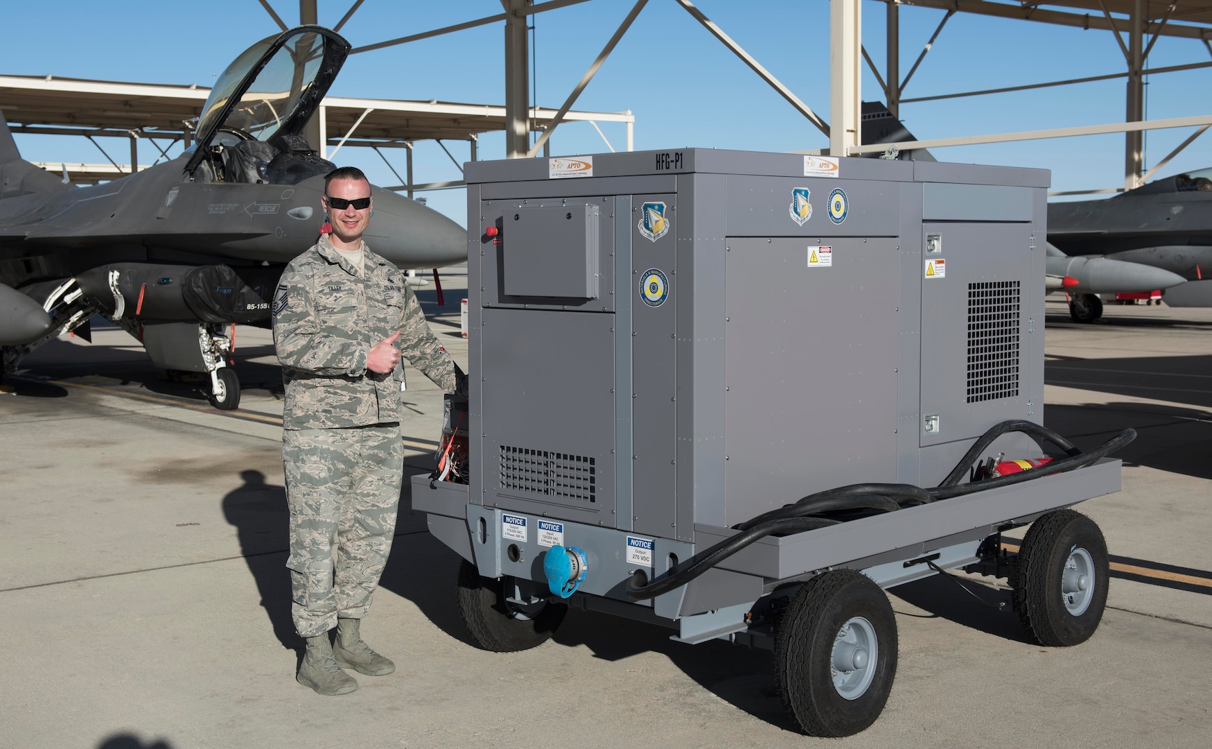 Senior Master Sgt. Jason Tilley, Air Force’s lead for its Aerospace Ground Support Equipment Working Group, said the demonstrations at Edwards show hybrid generators can operate on the flightline and believes the Air Force can use more electric and hybrid-electric systems. (U.S. Air Force photo by Brad White)