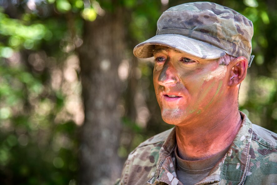 Airman 1st Class Jared Walker, 824th Base Defense Squadron fireteam member, poses for a photo during an Emerge Moody tour, April 12, 2018, at Moody Air Force Base, Ga. Emerge Moody is a program in which select Airmen and civilians tour various units to gain a better understanding of the installations overall mission, capabilities and comprehensive duties. During their tour of the 820th Base Defense Group, Emerge Moody members observed and participated in various demonstrations such as a mine-resistant, ambush-protected vehicle rollover simulator, full-mission brief, a sniper display and a tactical gear and static vehicle presentation. (U.S. Air Force photo by Airman 1st Class Eugene Oliver)