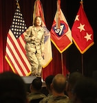 Col. Deydre Teyhen, guest speaker for the Ready and Resilient campaign, addresses Soldiers and Department of Defense civilians about the at the main theater at Joint Base San Antonio-Fort Sam Houston April 13. Teyhen is the commander of U.S. Army Health Clinic-Schofield Barracks in Hawai’i.