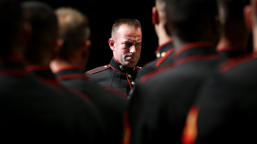 U.S. Marine Corps Master Sgt. Gary L. Robison, a conductor with the 1st Marine Division Band, leads Marines during the 1st Marine Division Band’s 10th annual concert at the California Center for the Arts, Escondido, Calif., March 29, 2018.