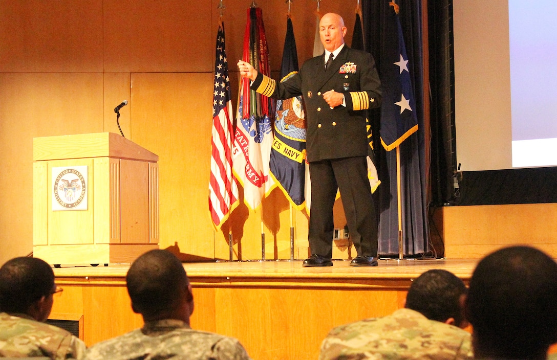 Navy Admiral Kurt Tidd speaks before cadets at the U.S. Military Academy.