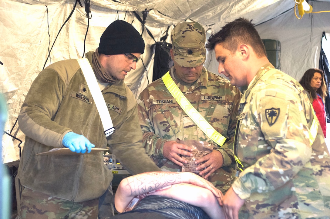 Soldiers examine mock casualties as part of the Vibrant Response training exercise at Muscatatuck Urban Training Center, Ind.