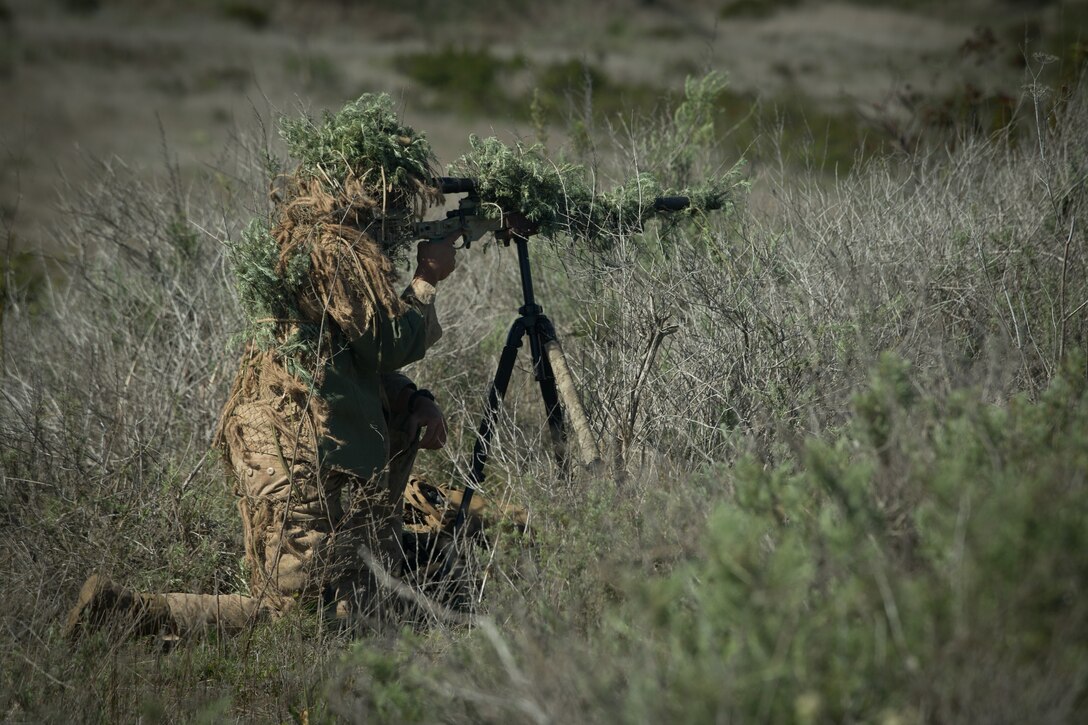 A U.S. Marine with Force Company, 1st Reconnaissance Battalion, 1st Marine Division, sights in during a pre-sniper training exercise at Marine Corps Base Camp Pendleton, Calif., March 26, 2018.