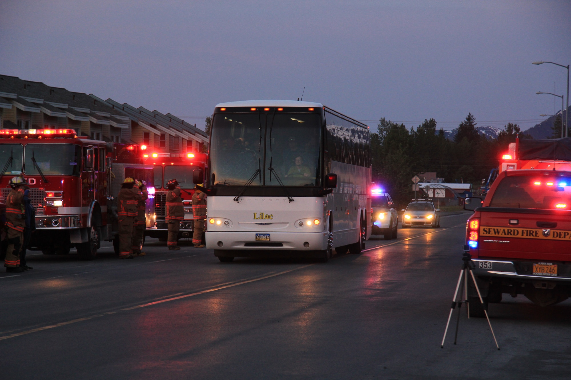 The Seward Police and Fire departments welcome the Armed Services YMCA of Alaska Combat Fishing Tournament participants to Seward, Alaska, May 26, 2016. During the early morning hours of the event, men and women of the United States armed services were bused down to Seward. Once there, they were greeted by more than 35 charter captains and their crews standing ready to start. Founded in 2006, the ASYMCA of Alaska Combat Fishing Tournament was established as a way of showing thanks and honor to service members through an opportunity to go deep-sea fishing.