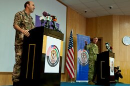 Jordan Armed Forces Brig. Staff Gen. Mohommad Al-Thalji and U.S. Air Force Maj. Gen. Jon Mott, co-directors of Exercise Eager Lion 2018, announce the beginning of the exercise at an April 15 international press conference at the Jordan Special Operations Command near Amman, Jordan. Eager Lion 2018 is a major training event that provides U.S. forces and Jordan Armed Forces the opportunity to improve their collective ability to plan and operate in a coalition-type environment through scenarios that span from a long-range bomber mission to maritime security operations to a ground force attack of a fictitious adversary. It is scheduled to take place through April 26.