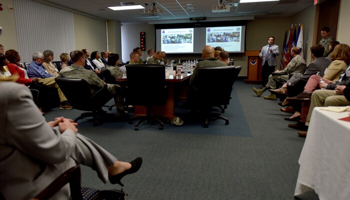 Ched Beam, Wing Executive Director of the 628th Air Base Wing, speaks during a mission brief for incoming Honorary Commanders April 13, 2018 at the JB Charleston - Air Base.