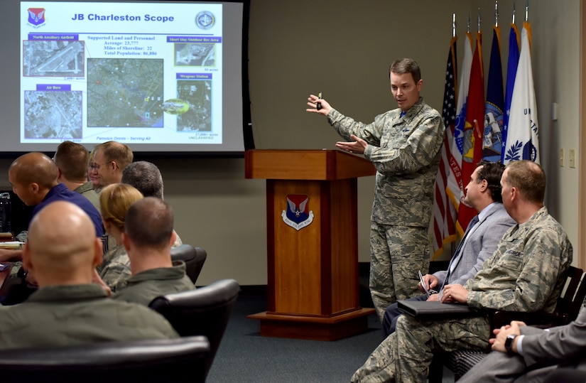 Col. Jeff Nelson, 628th Air Base Wing commander, speaks during a Joint Base Mission Brief for incoming Honorary Commanders April 13, 2018 at JB Charleston - Air Base.