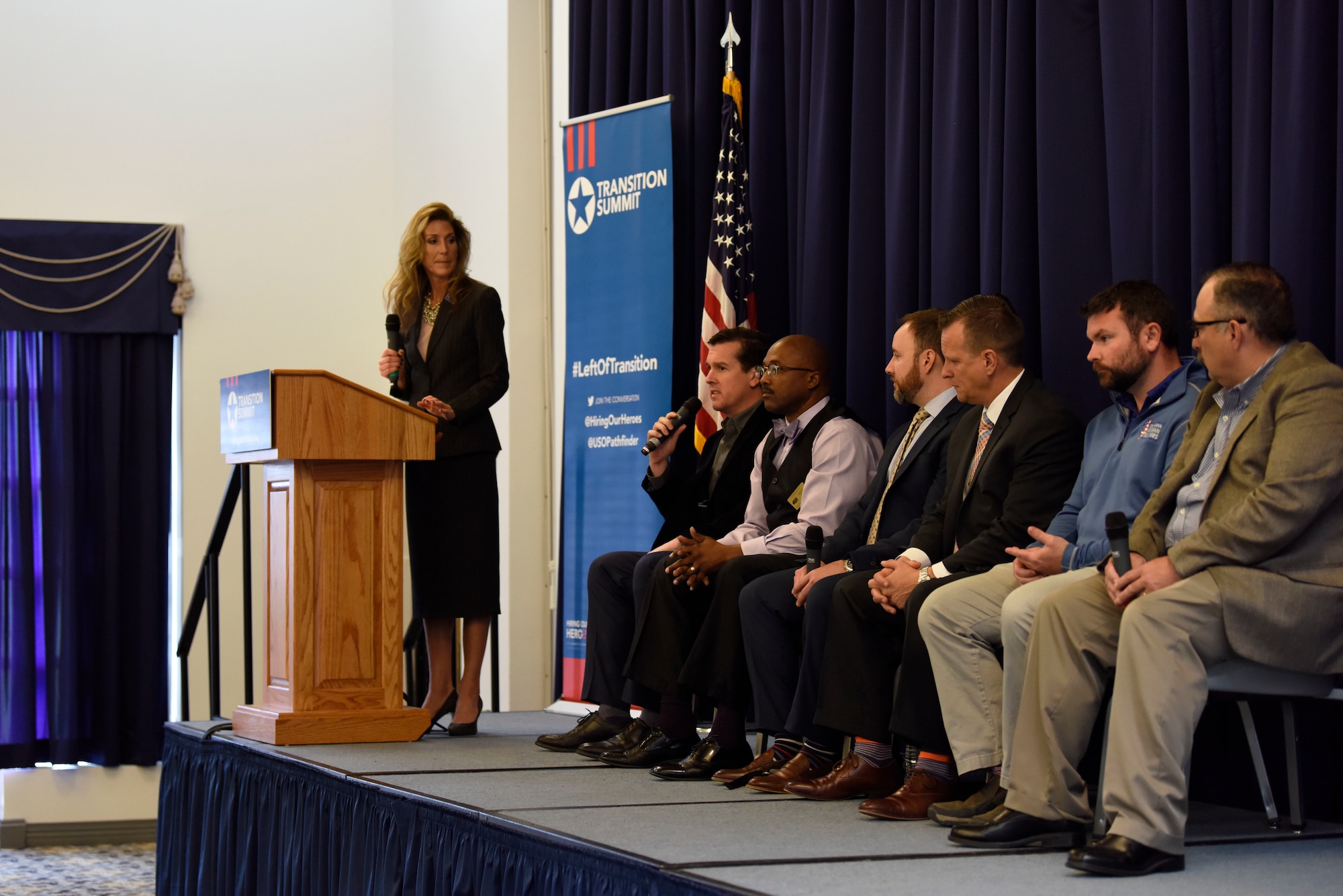 Panel members answer questions from Team Dover during the Hiring Our Heroes Military Transition Summit April 12, 2018, at Dover Air Force Base, Del. The panel included representatives from Comcast NBCUniversal, Ammonia Refrigeration Foundation, Delmarva Veteran Builders, Fireside Partners, U.S. Department of Labor and the Lufthansa Group. (U.S. Air Force photo by Airman 1st Class Zoe M. Wockenfuss)