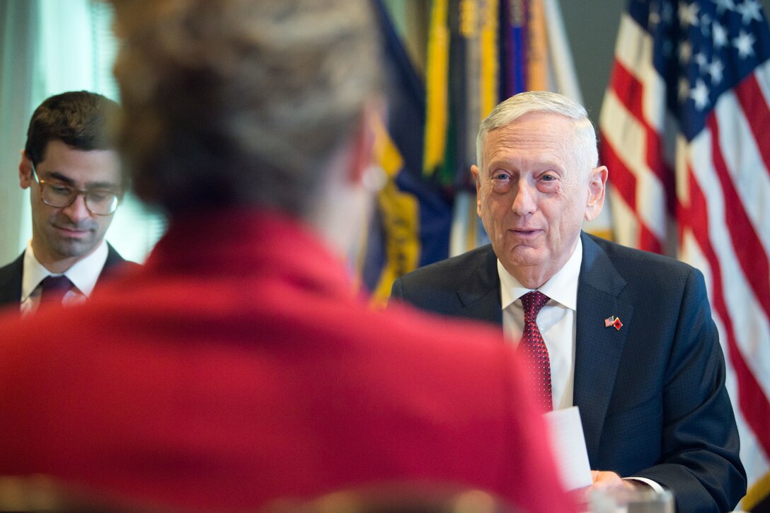 Defense Secretary James N. Mattis sits across the table from the Albanian defense minister.