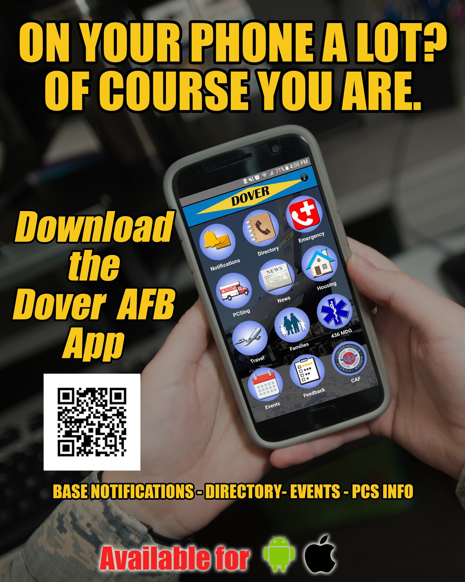 Team Dover released a brand new free application unique to the installation April 16, 2018, at Dover Air Force Base, Del. The app, supported by both Apple and Android devices, features a notification system, a large phone directory and information for incoming and outgoing Airmen and their families. (Photo illustration by Mauricio Campino)