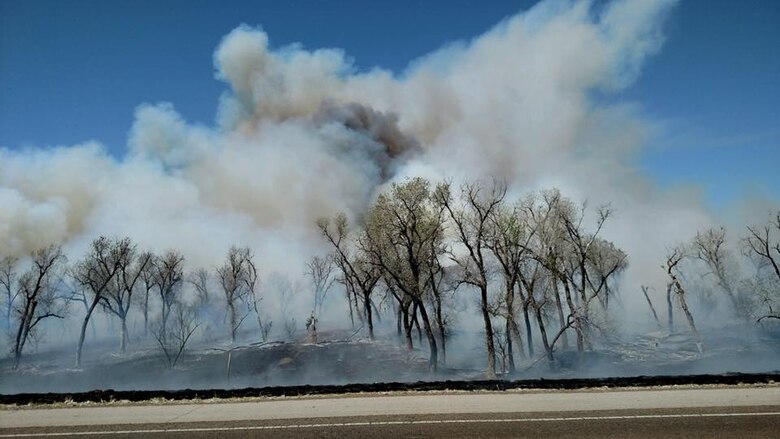 Blackened soil and stripped trees settle from fires, April 16, 2018, west of Altus, Okla.