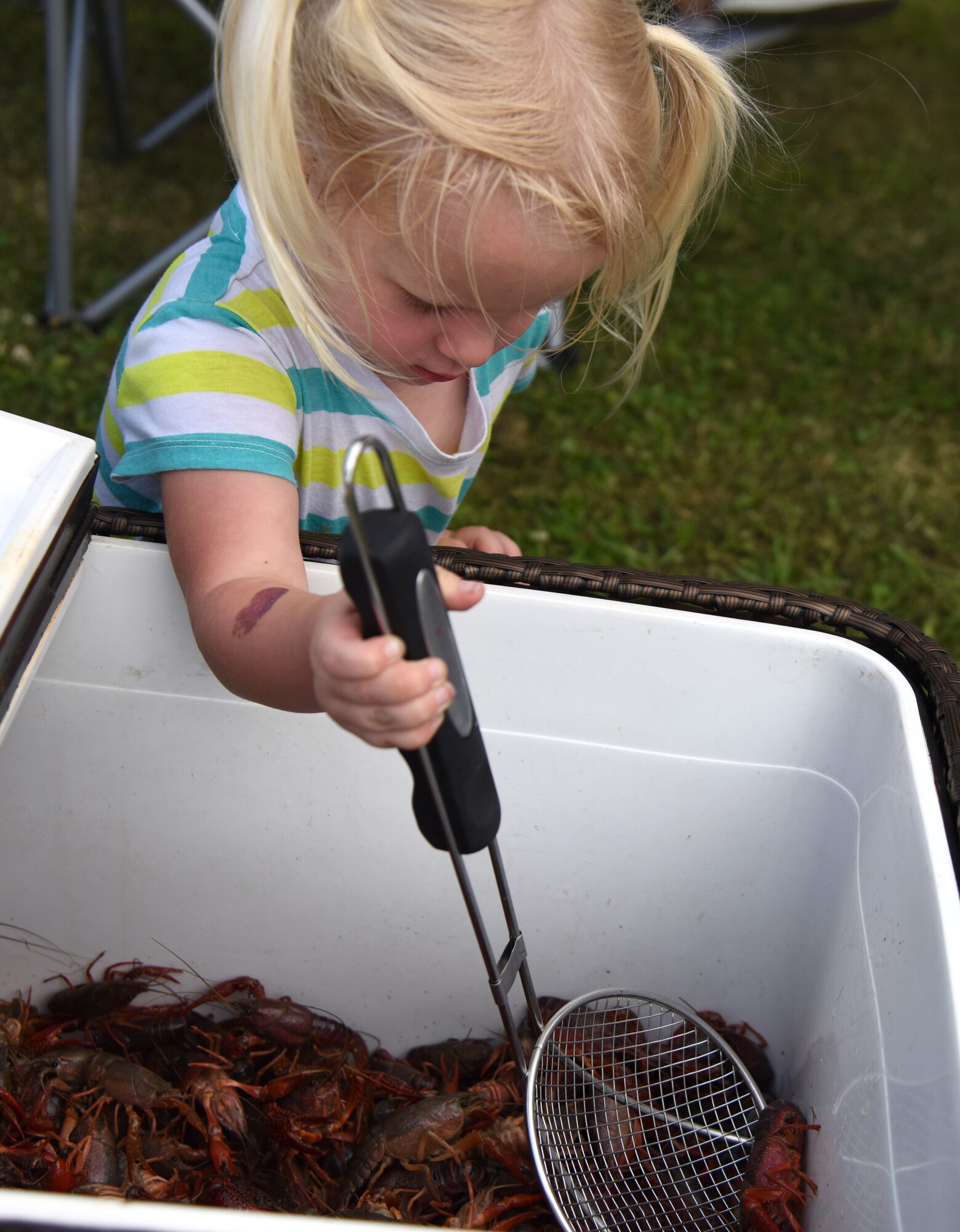 Ariana Crane, daughter of U.S. Air Force Maj. Brooks Crane, 81st Medical Group group practice manager, catches live crawfish during the 6th Annual Bay Breeze Crawfish Cook-Off at the Bay Breeze Event Center at Keesler Air Force Base, Mississippi, April 13, 2018. The “Craw-Fish Pot-Nahs” won first place overall and a free entry into the 26th Annual Mississippi Coast Coliseum Crawfish Festival Cook-Off. (U.S. Air Force photo by Kemberly Groue)
