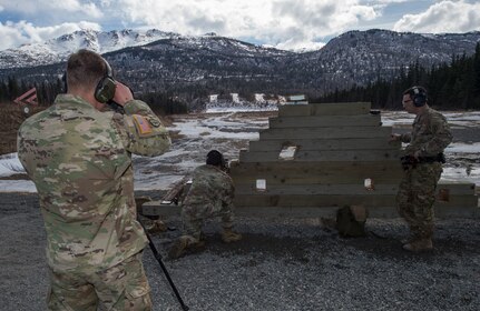 U.S. Army snipers assigned to the 1st Squadron, 40th Cavalry Regiment (Airborne), 4th Infantry Brigade Combat Team (Airborne), 25th Infantry Division, U.S. Army Alaska, conduct a stress shooting exercise at Joint Base Elmendorf-Richardson, Alaska, April 11, 2018. Stress shooting drills incorporate physical training to increase heart rate and breathing and make holding steady difficult during shooting, simulating a stressed environment.