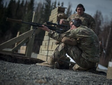 Spc. Eric Haugh, a sniper assigned to the 1st Squadron, 40th Cavalry Regiment (Airborne), 4th Infantry Brigade Combat Team (Airborne), 25th Infantry Division, U.S. Army Alaska, aims at a target with his M2010 Enhanced Sniper Rifle on Statler range during a stress shooting exercise at Joint Base Elmendorf-Richardson, Alaska, April 11, 2018. Leadership at Forward Operating Base Gardez, Afghanistan, hand-picked Haugh to represent the U.S. in the 10th Annual Czech Republic World Sniper Competition April 23 through 27. Stress shooting drills incorporate physical training to increase heart rate and breathing and make holding steady difficult during shooting, simulating a stressed environment.