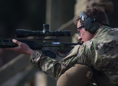 Spc. Eric Haugh, a sniper assigned to the 1st Squadron, 40th Cavalry Regiment (Airborne), 4th Infantry Brigade Combat Team (Airborne), 25th Infantry Division, U.S. Army Alaska, aims at a target with his M2010 Enhanced Sniper Rifle on Statler range during a stress shooting exercise at Joint Base Elmendorf-Richardson, Alaska, April 11, 2018. Leadership at Forward Operating Base Gardez, Afghanistan, hand-picked Haugh to represent the U.S. in the 10th Annual Czech Republic World Sniper Competition April 23 through 27. Stress shooting drills incorporate physical training to increase heart rate and breathing and make holding steady difficult during shooting, simulating a stressed environment.