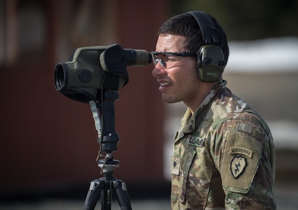 Spc. Arturo Dominguez, a sniper assigned to the 1st Squadron, 40th Cavalry Regiment (Airborne), 4th Infantry Brigade Combat Team (Airborne), 25th Infantry Division, U.S. Army Alaska, uses a spotting scope to track a fellow Soldier’s shot during a stress shooting exercise at Joint Base Elmendorf-Richardson, Alaska, April 11, 2018. Leadership at Forward Operating Base Gardez, Afghanistan, hand-picked Dominguez to represent the U.S. in the 10th Annual Czech Republic World Sniper Competition April 23 through 27. Stress shooting drills incorporate physical training to increase heart rate and breathing and make holding steady difficult during shooting, simulating a stressed environment.