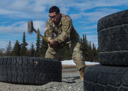Spc. Arturo Dominguez, a sniper assigned to the 1st Squadron, 40th Cavalry Regiment (Airborne), 4th Infantry Brigade Combat Team (Airborne), 25th Infantry Division, U.S. Army Alaska, participates in a stress shooting exercise at Joint Base Elmendorf-Richardson, Alaska, April 11, 2018. Leadership at Forward Operating Base Gardez, Afghanistan, hand-picked Dominguez to represent the U.S. in the 10th Annual Czech Republic World Sniper Competition April 23 through 27. Stress shooting drills incorporate physical training to increase heart rate and breathing and make holding steady difficult during shooting, simulating a stressed environment.