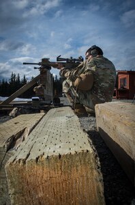 Spc. Arturo Dominguez, a sniper assigned to the 1st Squadron, 40th Cavalry Regiment (Airborne), 4th Infantry Brigade Combat Team (Airborne), 25th Infantry Division, U.S. Army Alaska, aims at a target with his M110 Semi-Automatic Sniper System on Statler range during a stress shooting exercise at Joint Base Elmendorf-Richardson, Alaska, April 11, 2018. Leadership at Forward Operating Base Gardez, Afghanistan, hand-picked Dominguez to represent the U.S. in the 10th Annual Czech Republic World Sniper Competition April 23 through 27. Stress shooting drills incorporate physical training to increase heart rate and breathing and make holding steady difficult during shooting, simulating a stressed environment.