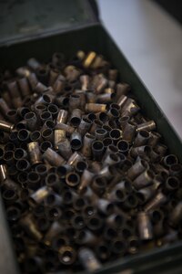 Spent rounds rest in a box at Joint Base Elmendorf-Richardson, Alaska, April 11, 2018. Specialists Arturo Dominguez and Eric Haugh, snipers assigned to the 1st Squadron, 40th Cavalry Regiment (Airborne), 4th Infantry Brigade Combat Team (Airborne), 25th Infantry Division, U.S. Army Alaska, fire hundreds of rounds each day during sniper training.