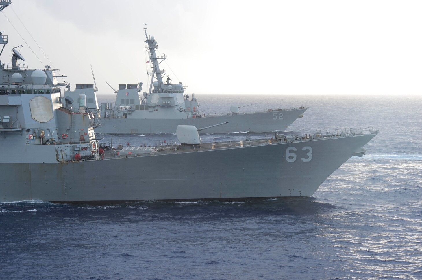 PHILIPPINE SEA (March 10, 2017) The forward-deployed Arleigh Burke-class guided-missile destroyers USS Stethem (DDG 63) and USS Barry (DDG 52) participate in a formation exercise during Multisail 17. The bilateral training exercise improves interoperability between the U.S. and Japanese forces. Participants benefit from realistic, shared training enhancing our ability to work together to confront any contingency.