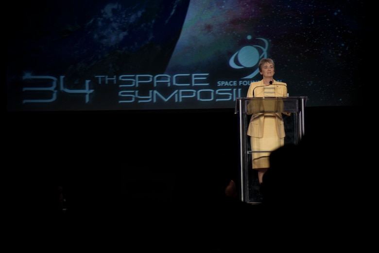 Secretary of the Air Force Heather Wilson delivers the key note address at the 34th Annual Space Symposium April 17, 2018, in Colorado Springs, Colo. During her speech Wilson announced new ways in which the Air Force will be more lethal, resilient and agile in space. (U.S. Air Force photo by Senior Airman Dennis J. Hoffman)