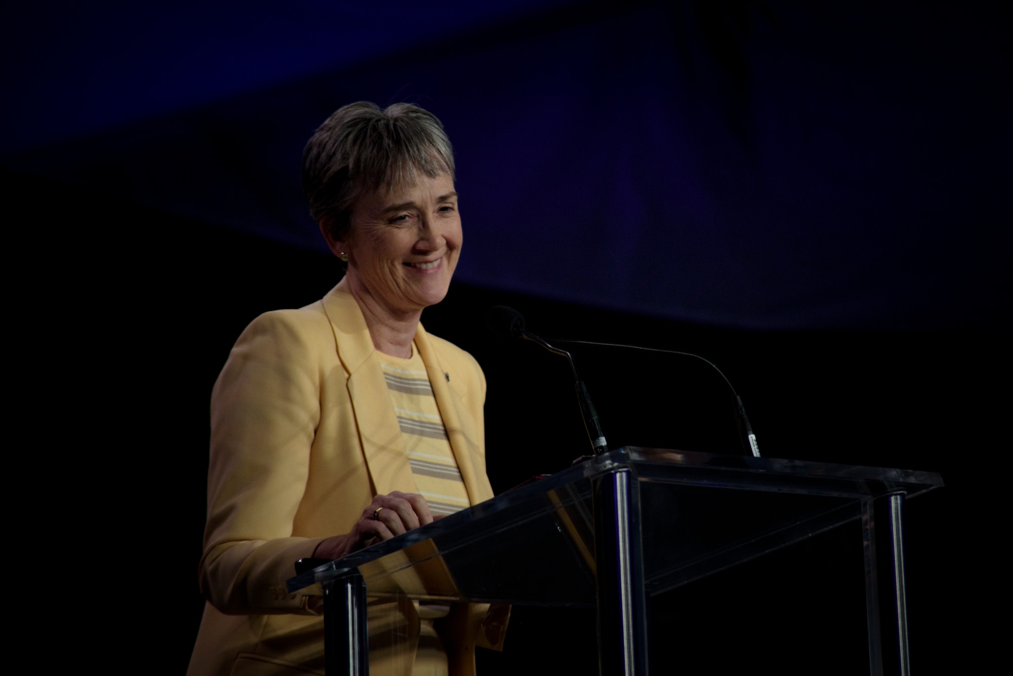 Secretary of the Air Force Heather Wilson delivers the key note address at the 34th Annual Space Symposium April 17, 2018, in Colorado Springs, Colo. During her speech Wilson announced new ways in which the Air Force will be more lethal, resilient and agile in space. (U.S. Air Force photo by Senior Airman Dennis J. Hoffman)