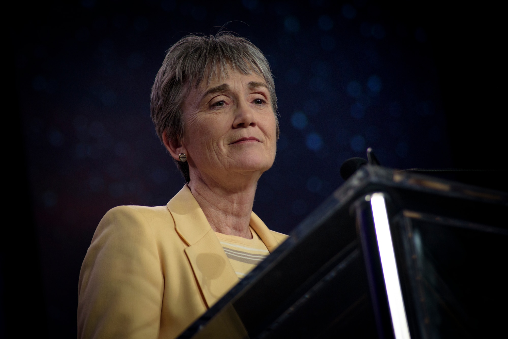 Secretary of the Air Force Heather Wilson delivers the key note address at the 34th Annual Space Symposium April 17, 2018, in Colorado Springs, Colo. During her speech Wilson announced new ways in which the Air Force will be more lethal, resilient and agile in space. (U.S. Air Force photo by Senior Airman Dennis J. Hoffman)