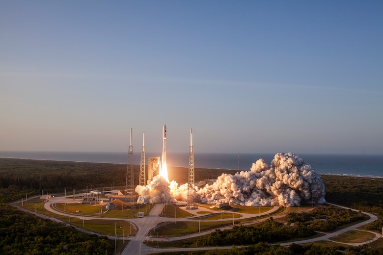 A United Launch Alliance (ULA) Atlas V rocket carrying the AFSPC-11 mission for the U.S. Air Force lifts off from Space Launch Complex-41 at Cape Canaveral Air Force Station, Florida, on April 14, 2018. AFSPC-11 is a multi-manifested mission. The forward spacecraft is referred to as CBAS (Continuous Broadcast Augmenting SATCOM) and the aft spacecraft is EAGLE (ESPA Augmented GEO Laboratory Experiment). (Photo courtesy of United Launch Alliance)