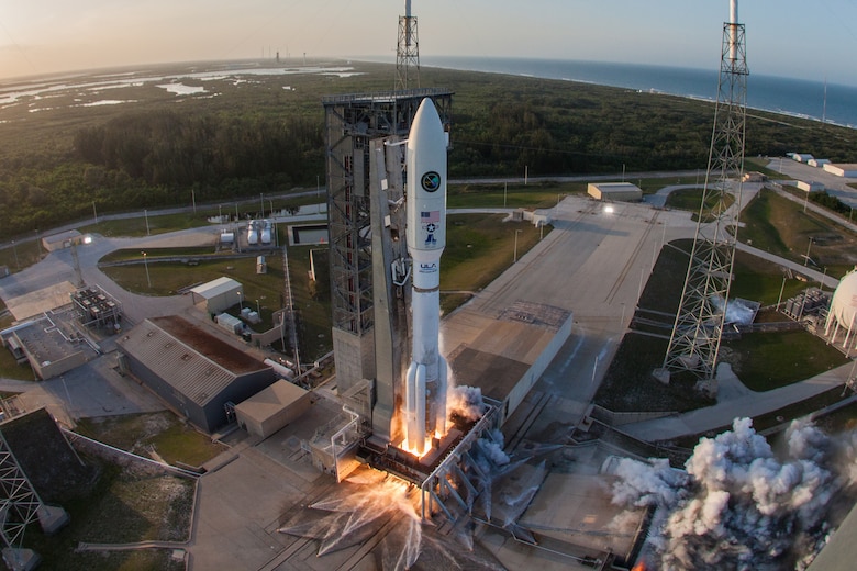 A United Launch Alliance (ULA) Atlas V rocket carrying the AFSPC-11 mission for the U.S. Air Force lifts off from Space Launch Complex-41 at Cape Canaveral Air Force Station, Florida, on April 14, 2018. AFSPC-11 is a multi-manifested mission. The forward spacecraft is referred to as CBAS (Continuous Broadcast Augmenting SATCOM) and the aft spacecraft is EAGLE (ESPA Augmented GEO Laboratory Experiment). (Photo courtesy of United Launch Alliance)
