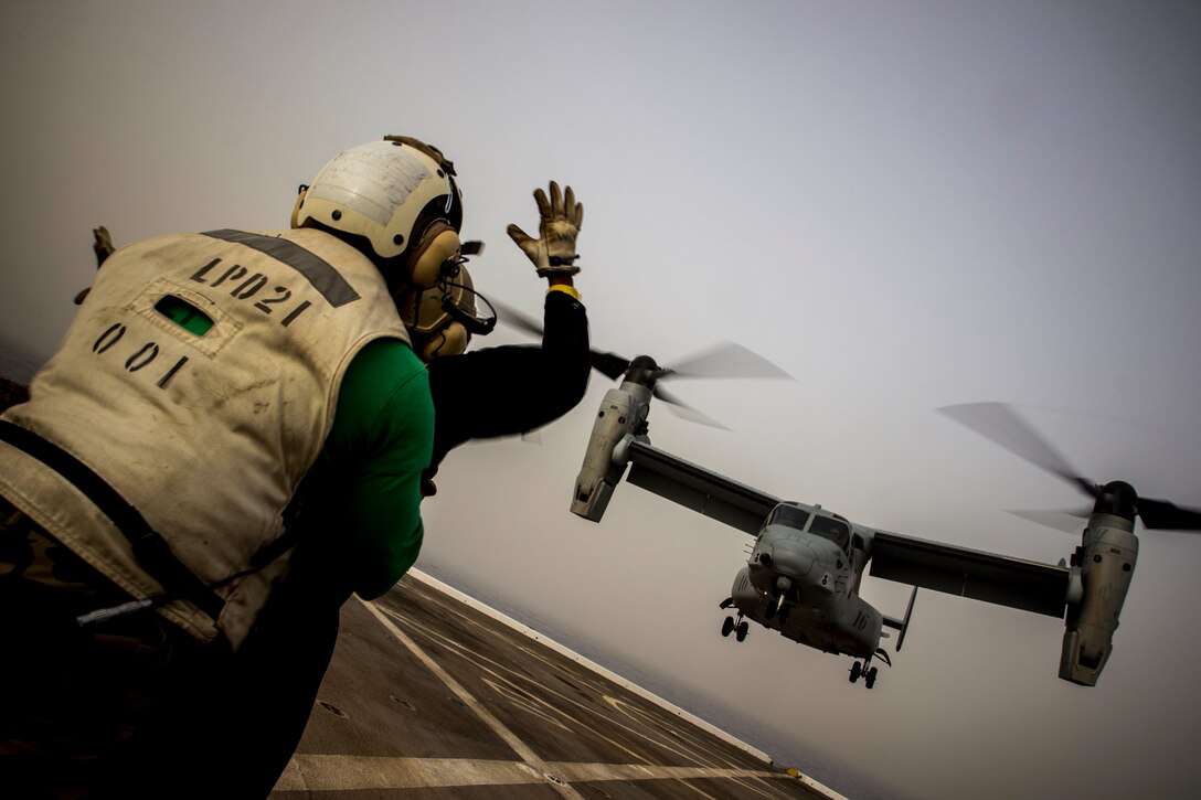 MEDITERRANEAN SEA (April 15, 2018) An MV-22 Osprey assigned to Marine Medium Tiltrotor Squadron (VMM) 263, Special-Purpose Marine Air-Ground Task Force-Crisis Response-Africa, lands aboard the San Antonio-class amphibious transport dock USS New York (LPD 21) during routine flight deck operations April 15, 2018. The flight deck operations certify the Osprey pilots to land on an LPD in open ocean operations and work with Navy landing support while deployed to U.S. 6th Fleet area of operations. U.S. 6th Fleet, headquartered in Naples, Italy, conducts the full spectrum of joint and naval operations, often in concert with allied and interagency partners, in order to advance U.S. national interests and security and stability in Europe and Africa.