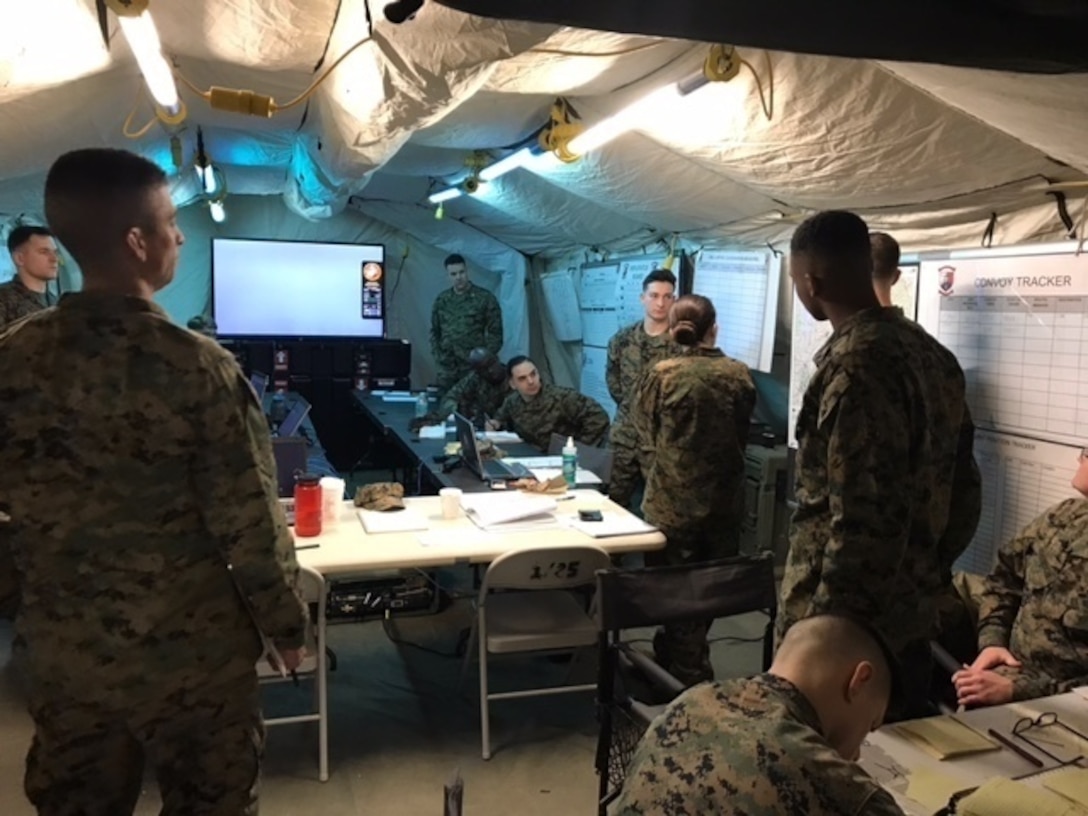 Marines with 25th Marine Regiment, 4th Marine Division, Marine Forces Reserve, prepare the command and control center of a Mission Rehearsal Exercise aboard U.S. Army Fort A.P. Hill, Va., April 6, 2018. Along with its combat engineer battalion, combat logistics battalion, assault amphibious vehicle and artillery attachments, 1st Battalion., 25th Marine Regiment, conducted a 10-drill MRX in preparation for Integrated Training Exercise 4-18. This MRX was a stepping stone in a force generation plan to ensure that once 1st Bn., 25th Marines, 1st Bn., 23rd Marines, and other ready bench units complete ITX 4-18, they will be ready to rapidly respond to a national security threat with maximum capability. (Courtesy photo provided by 1st Bn., 25th Marines)