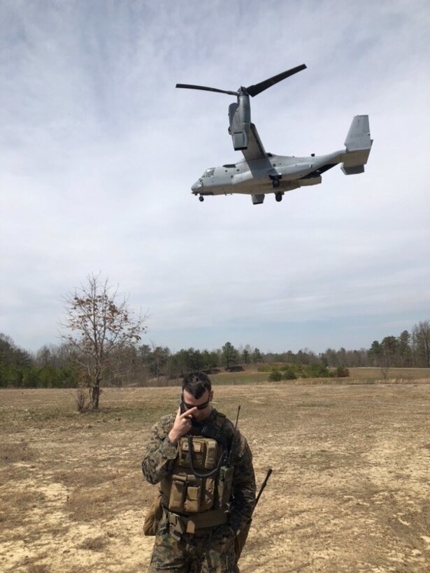 Marines with Company A., 4th Combat Engineer Battalion, 4th Marine Division, Marine Forces Reserve, conduct a helicopter borne assault via MV-22 and CH-53 platforms during platoon attacks as part of a Mission Rehearsal Exercise aboard U.S. Army Fort A.P. Hill, Va., April 6, 2018. Along with its combat engineer battalion, combat logistics battalion, assault amphibious vehicle and artillery attachments, 1st Battalion., 25th Marine Regiment, conducted a 10-drill MRX in preparation for Integrated Training Exercise 4-18. This MRX was a stepping stone in a force generation plan to ensure that once 1st Bn., 25th Marines, 1st Bn., 23rd Marines, and other ready bench units complete ITX 4-18, they will be ready to rapidly respond to a national security threat with maximum capability. (Courtesy photo provided by 1st Bn., 25th Marines)