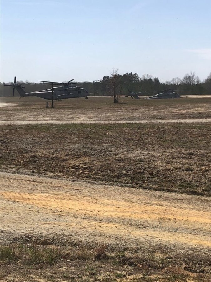 Marines with Company A., 4th Combat Engineer Battalion, 4th Marine Division, Marine Forces Reserve, conduct a helicopter borne assault via MV-22 and CH-53 platforms during platoon attacks as part of a Mission Rehearsal Exercise aboard U.S. Army Fort A.P. Hill, Va., April 6, 2018. Along with its combat engineer battalion, combat logistics battalion, assault amphibious vehicle and artillery attachments, 1st Battalion., 25th Marine Regiment, conducted a 10-drill MRX in preparation for Integrated Training Exercise 4-18. This MRX was a stepping stone in a force generation plan to ensure that once 1st Bn., 25th Marines, 1st Bn., 23rd Marines, and other ready bench units complete ITX 4-18, they will be ready to rapidly respond to a national security threat with maximum capability. (Courtesy photo provided by 1st Bn., 25th Marines)