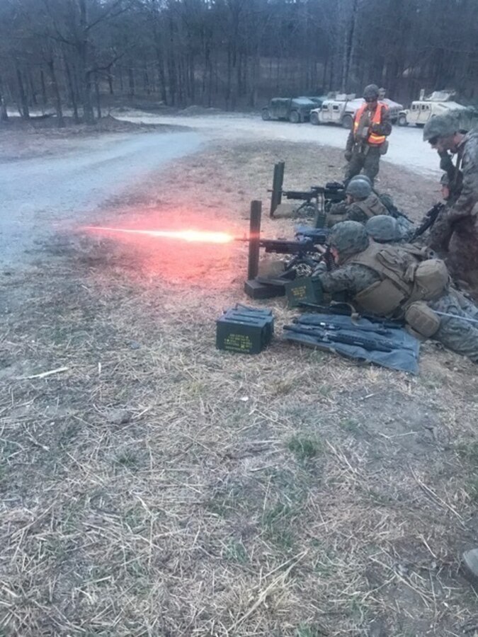 Marines with Surveillance and Target Acquisition Platoon and Company C, Weapons Platoon, 25th Marine Regiment, 4th Marine Division, Marine Forces Reserve, prosecute targets from support-by-fire positions during a Mission Rehearsal Exercise aboard U.S. Army Fort A.P. Hill, Va., April 6, 2018. Along with its combat engineer battalion, combat logistics battalion, assault amphibious vehicle and artillery attachments, 1st Battalion., 25th Marine Regiment, conducted a 10-drill MRX in preparation for Integrated Training Exercise 4-18. This MRX was a stepping stone in a force generation plan to ensure that once 1st Bn., 25th Marines, 1st Bn., 23rd Marines, and other ready bench units complete ITX 4-18, they will be ready to rapidly respond to a national security threat with maximum capability. (Courtesy photo provided by 1st Bn., 25th Marines)