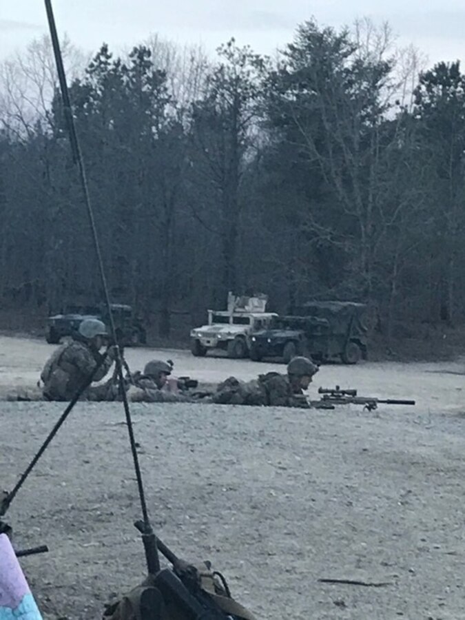 Marines with Surveillance and Target Acquisition Platoon and Company C, Weapons Platoon, 25th Marine Regiment, 4th Marine Division, Marine Forces Reserve, prosecute targets from support-by-fire positions during a Mission Rehearsal Exercise aboard U.S. Army Fort A.P. Hill, Va., April 6, 2018. Along with its combat engineer battalion, combat logistics battalion, assault amphibious vehicle and artillery attachments, 1st Battalion., 25th Marine Regiment, conducted a 10-drill MRX in preparation for Integrated Training Exercise 4-18. This MRX was a stepping stone in a force generation plan to ensure that once 1st Bn., 25th Marines, 1st Bn., 23rd Marines, and other ready bench units complete ITX 4-18, they will be ready to rapidly respond to a national security threat with maximum capability. (Courtesy photo provided by 1st Bn., 25th Marines)