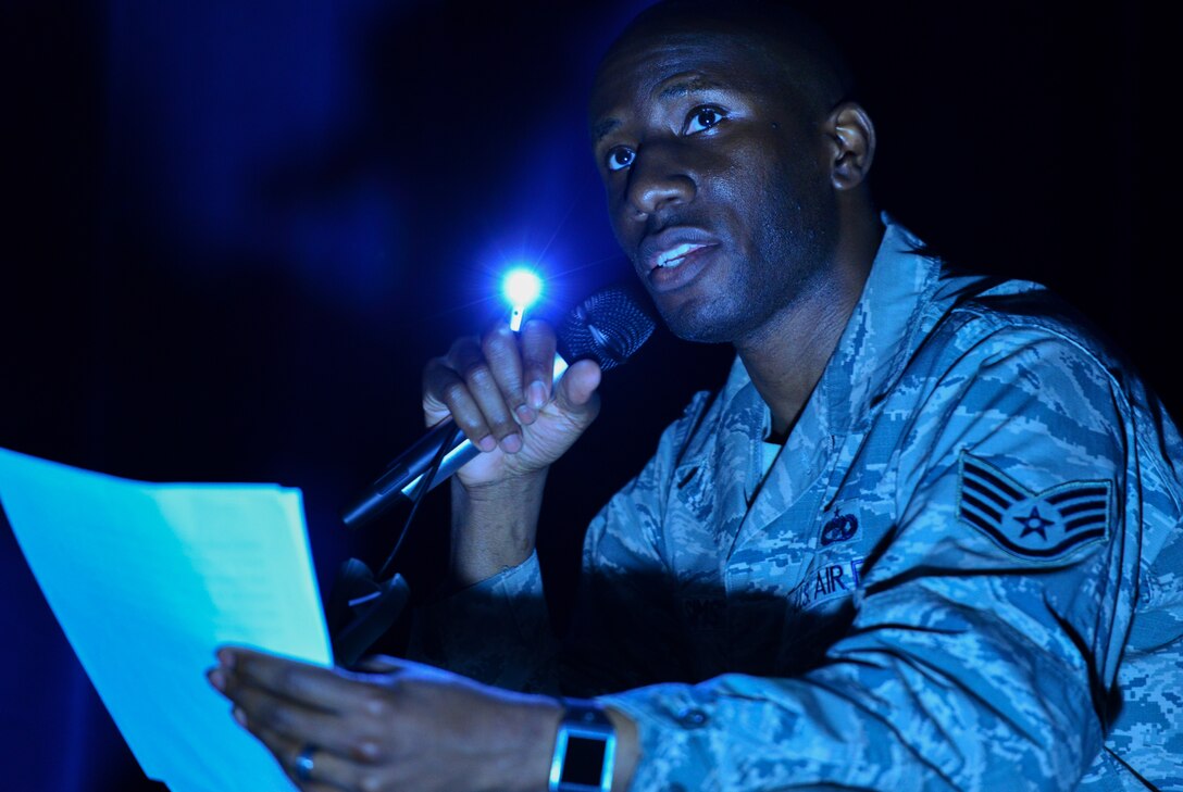 U.S. Air Force Staff Sgt. Patrick Sims, 733rd Logistics Readiness Squadron material control specialist, reads a poem from the point of view of the act of Sexual Assault, during the Sexual Assault Theater Group performance of “Same Script, Different Cast” at Joint Base Langley-Eustis, Va., April 13, 2018. The play gives a new take on sexual assault awareness, highlighting the theme for Sexual Assault Awareness month “Protecting our people, protects our mission.” (U.S. Air Force photo by Senior Airman Ericha Guyote)